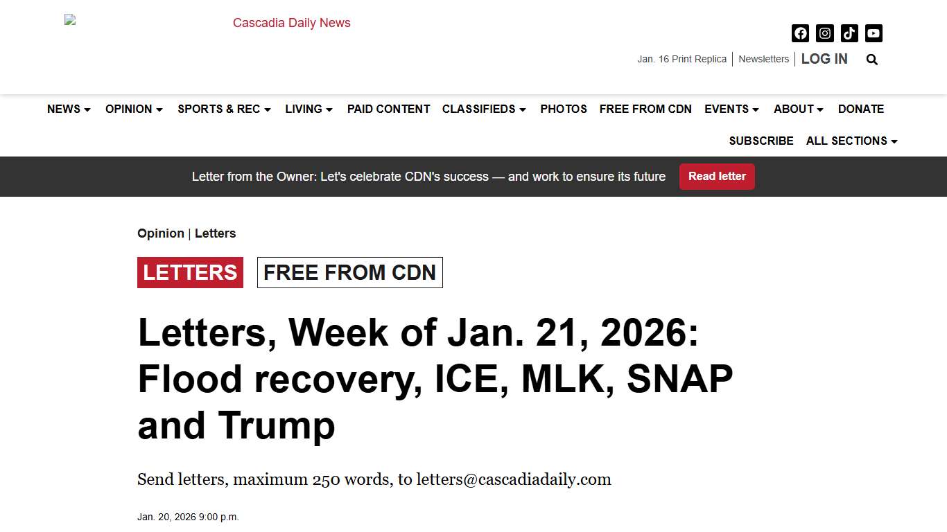 Letters, Week of Jan. 21, 2026: Flood recovery, ICE, MLK, SNAP and Trump | Cascadia Daily News